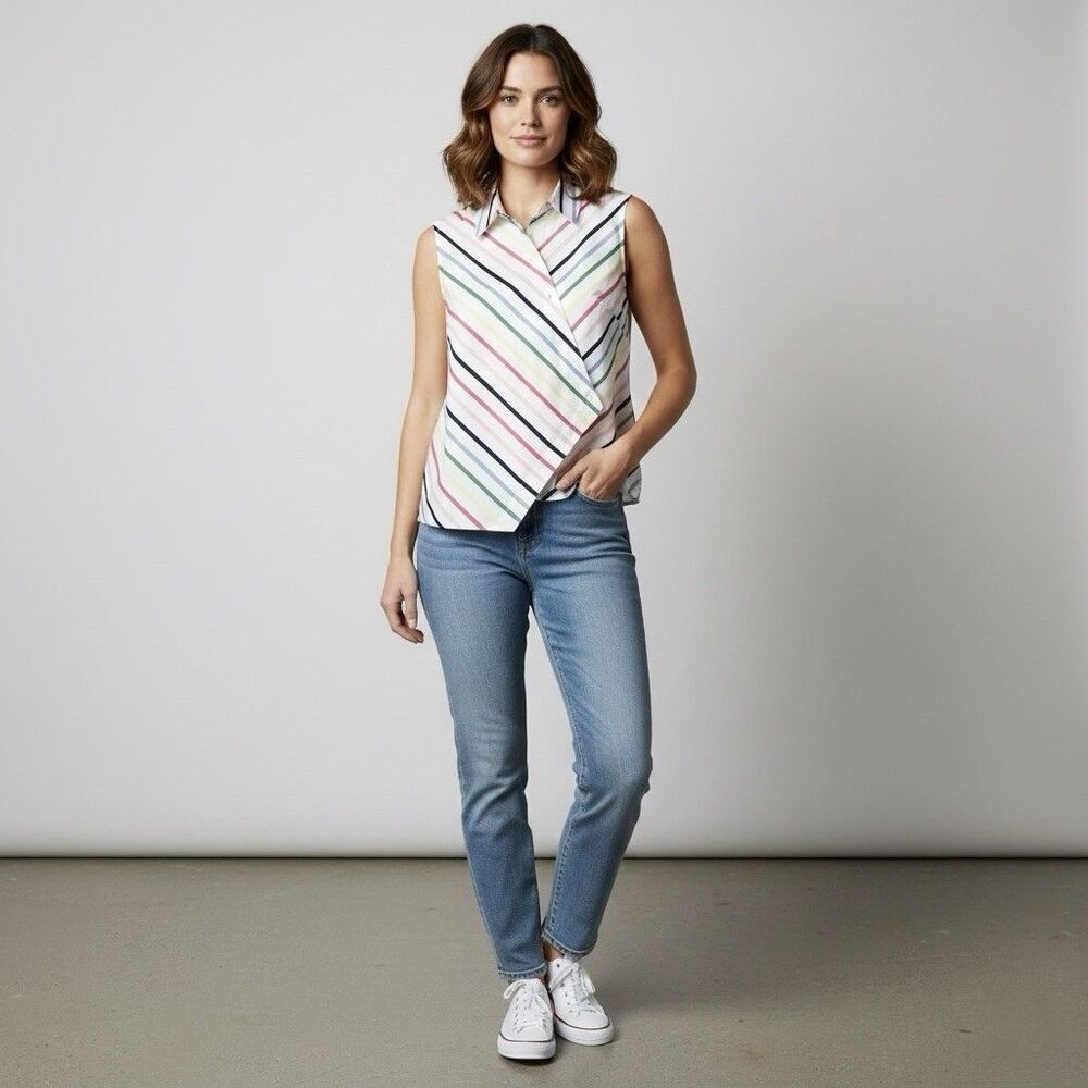 Pearl By Lela Rose Womens Sz XS Cotton Colorful Stripe Collared Tank Top Artsy